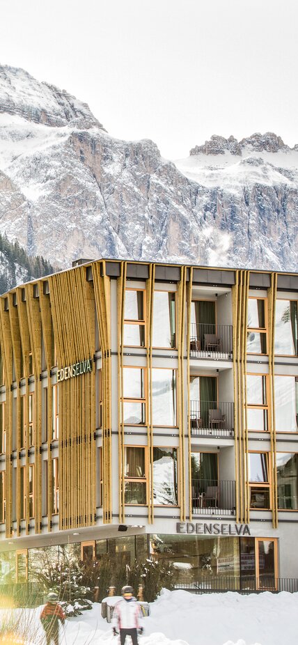 Un edificio alberghiero di quattro piani in inverno, con i tre piani superiori rivestiti di lamelle verticali, una foresta e le montagne sullo sfondo | © Edenselva - Mattia Gasparotto