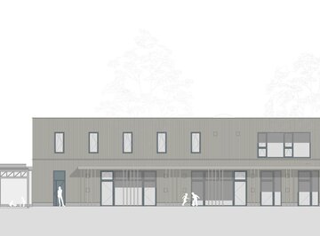 Die Fassade eine neuer neuen Kindertagesstätte in Holzbauweise | © Landherr und Partner Architekten und Stadtplaner mbB
